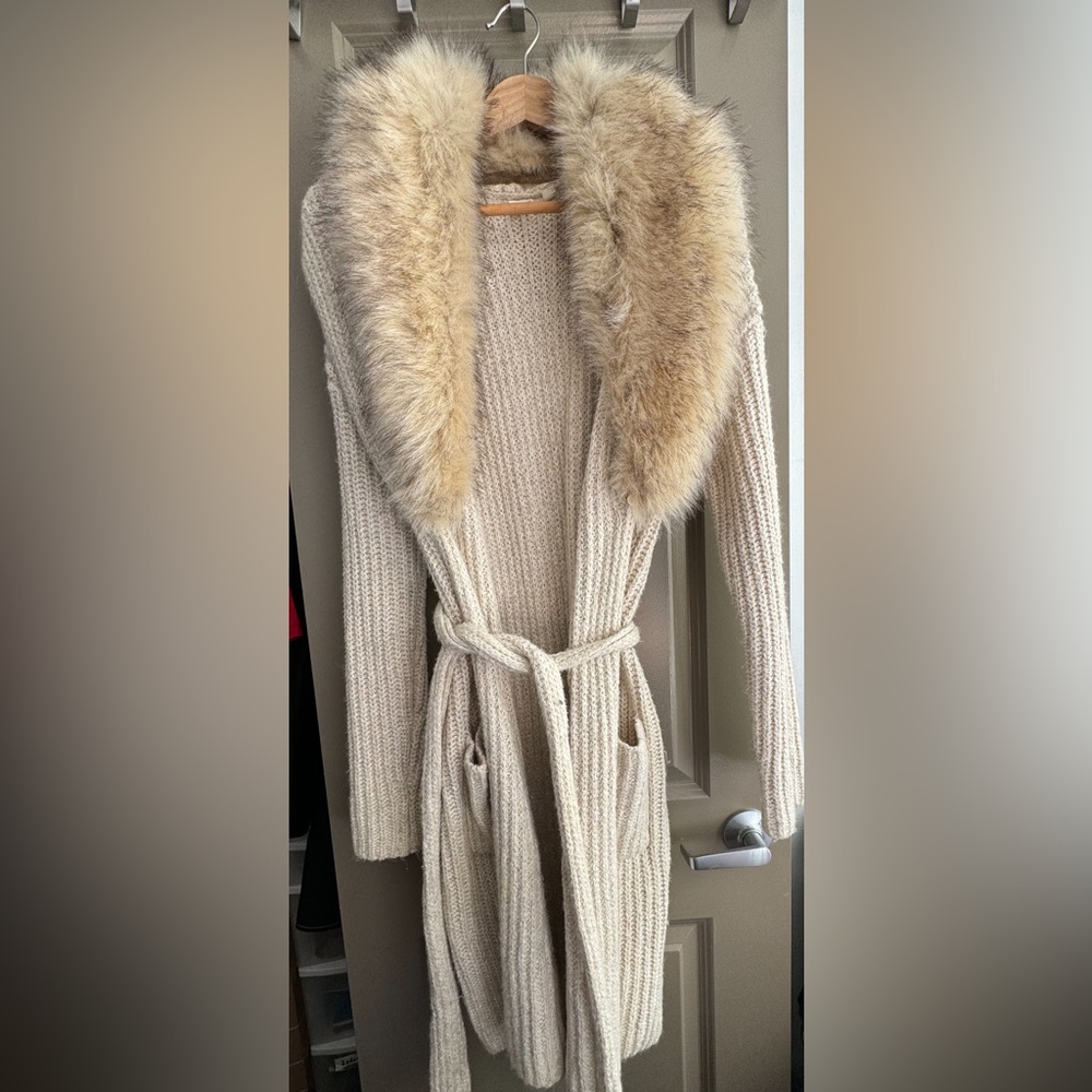 GAP Beige Cardigan with Faux Fur Trim